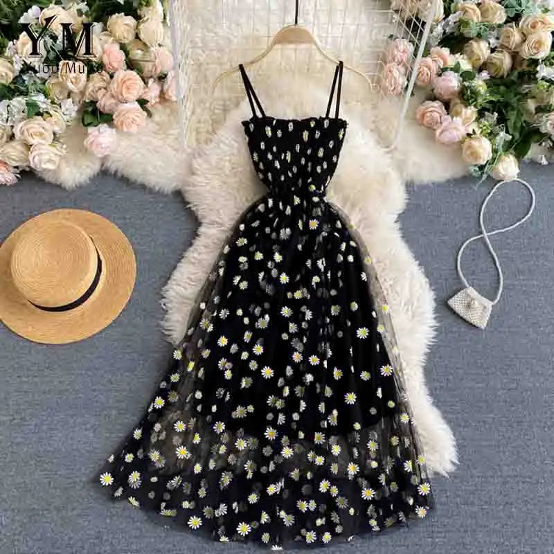 Fashion Daisy Flower Print Mesh Party Dress Summer