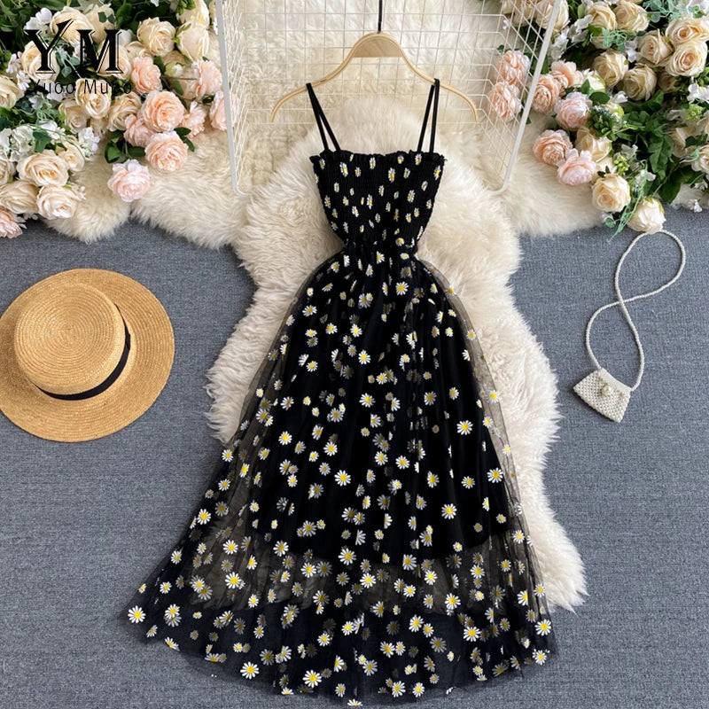 Fashion Daisy Flower Print Mesh Party Dress Summer