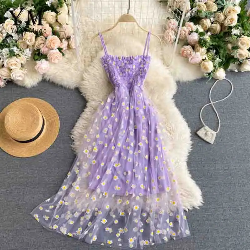 Fashion Daisy Flower Print Mesh Party Dress Summer