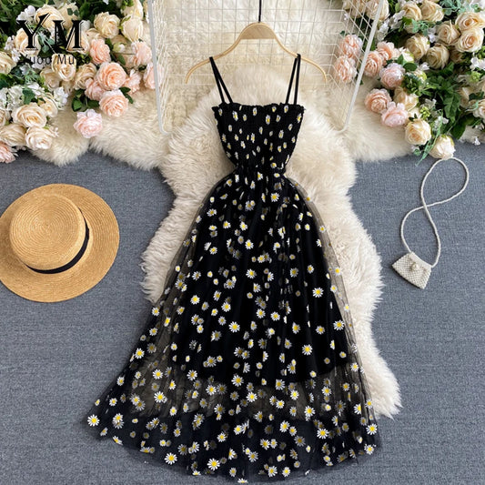 Fashion Daisy Flower Print Mesh Party Dress Summer