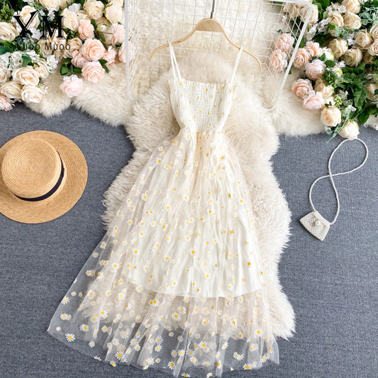 Fashion Daisy Flower Print Mesh Party Dress Summer