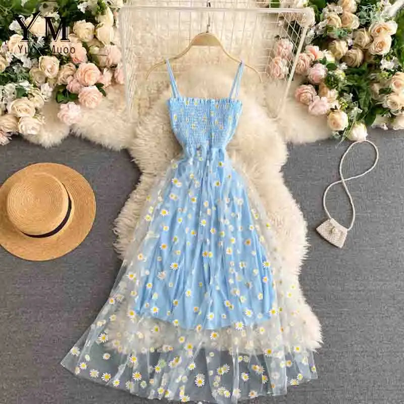 Fashion Daisy Flower Print Mesh Party Dress Summer