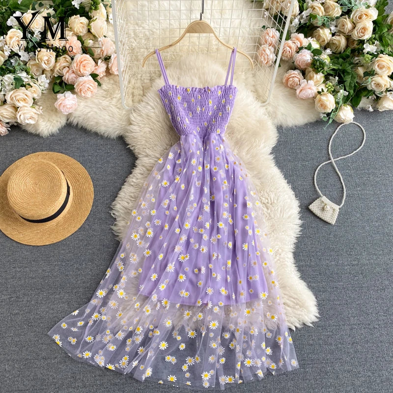 Fashion Daisy Flower Print Mesh Party Dress Summer