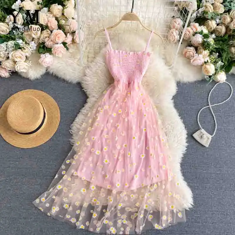 Fashion Daisy Flower Print Mesh Party Dress Summer