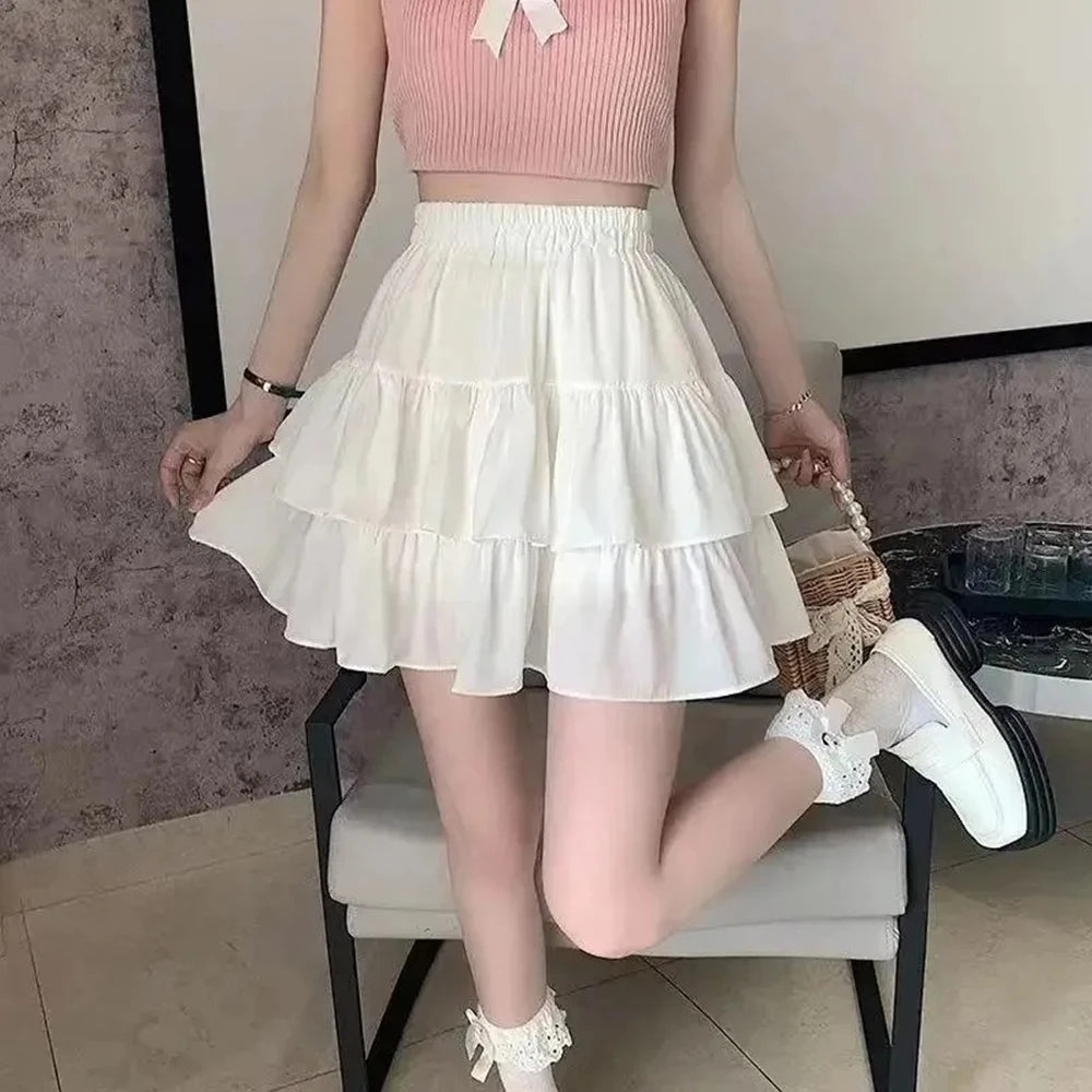 Pleated A-line Skirt White Women Ruffles