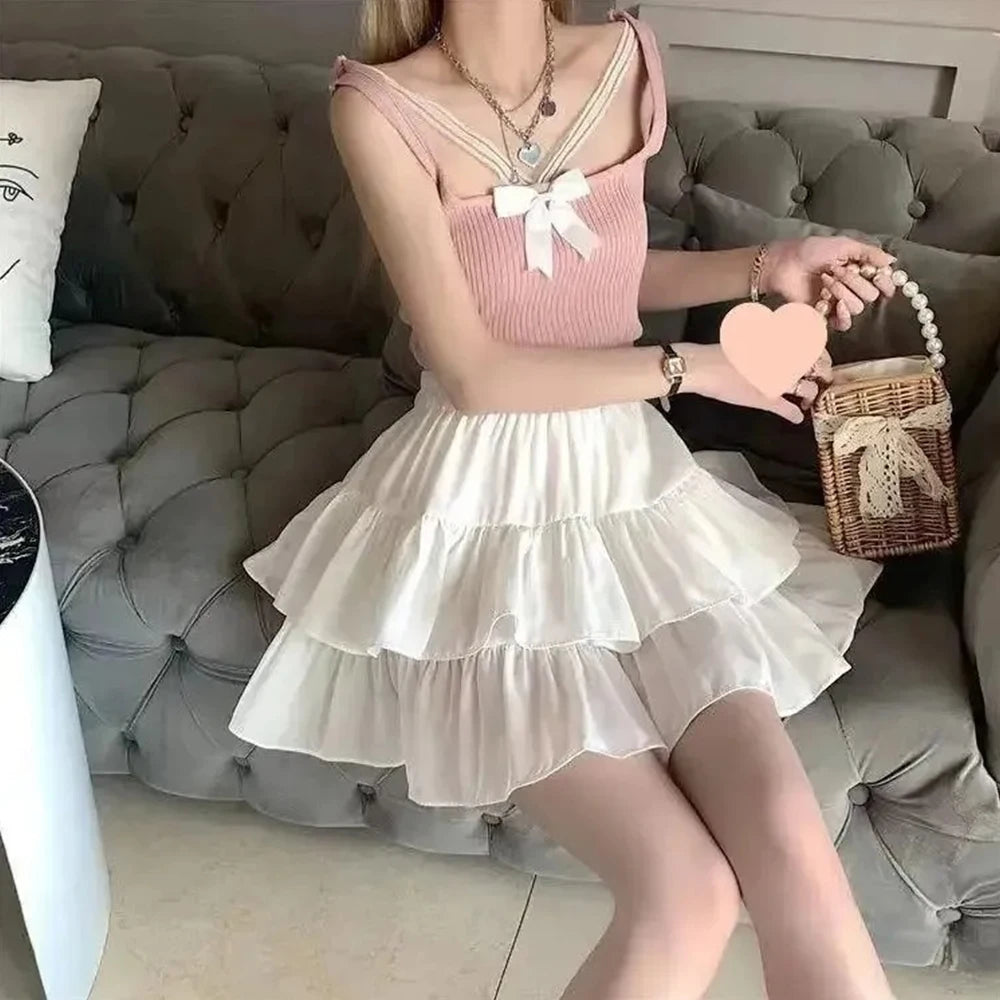 Pleated A-line Skirt White Women Ruffles