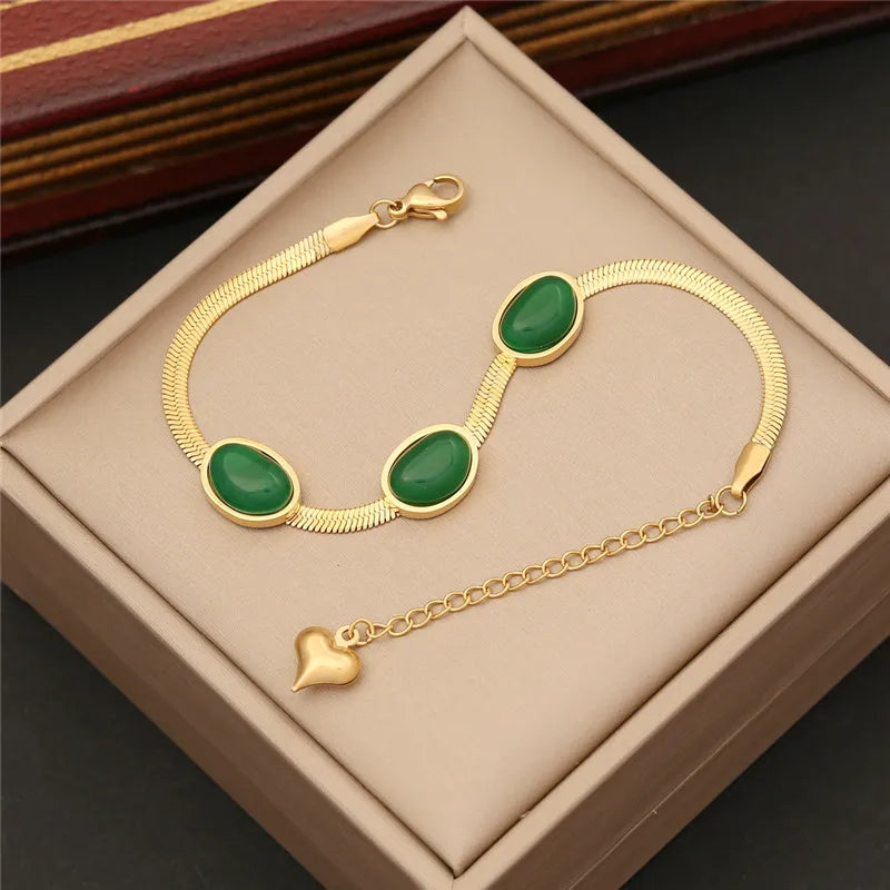 316L Stainless Steel Simple Flat Snake Chain Emerald Stone Pendant Bracelet Necklace Earring Set