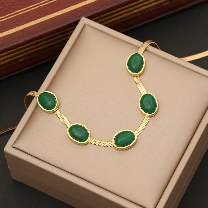 316L Stainless Steel Simple Flat Snake Chain Emerald Stone Pendant Bracelet Necklace Earring Set