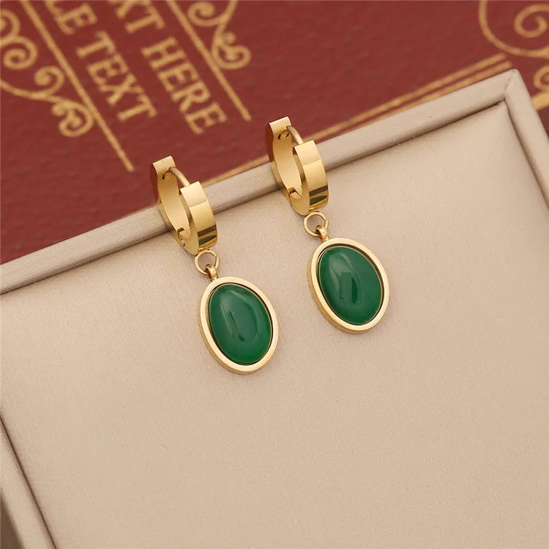 316L Stainless Steel Simple Flat Snake Chain Emerald Stone Pendant Bracelet Necklace Earring Set