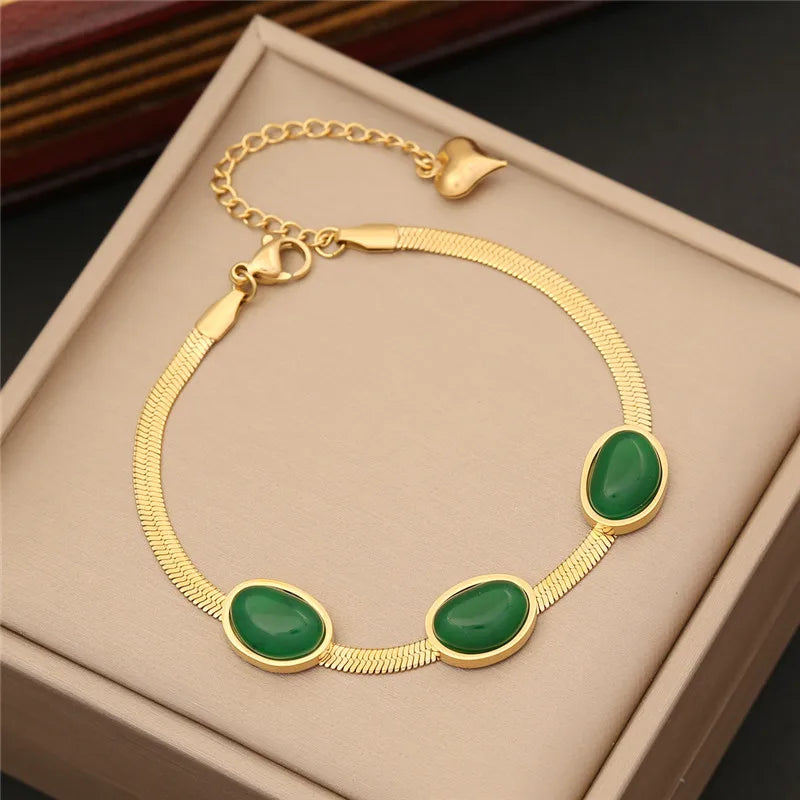 316L Stainless Steel Simple Flat Snake Chain Emerald Stone Pendant Bracelet Necklace Earring Set