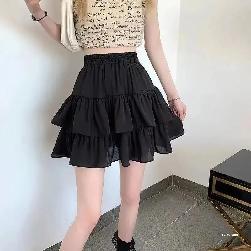 Pleated A-line Skirt White Women Ruffles