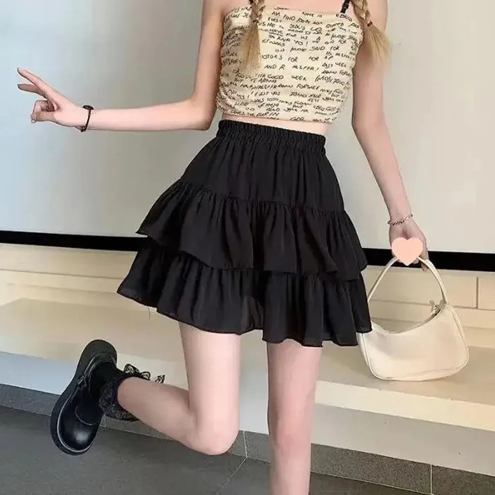 Pleated A-line Skirt White Women Ruffles