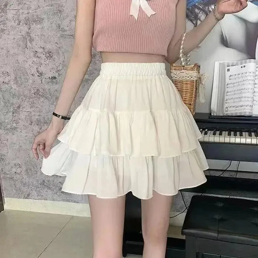 Pleated A-line Skirt White Women Ruffles