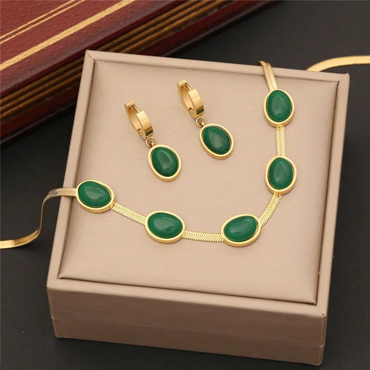 316L Stainless Steel Simple Flat Snake Chain Emerald Stone Pendant Bracelet Necklace Earring Set